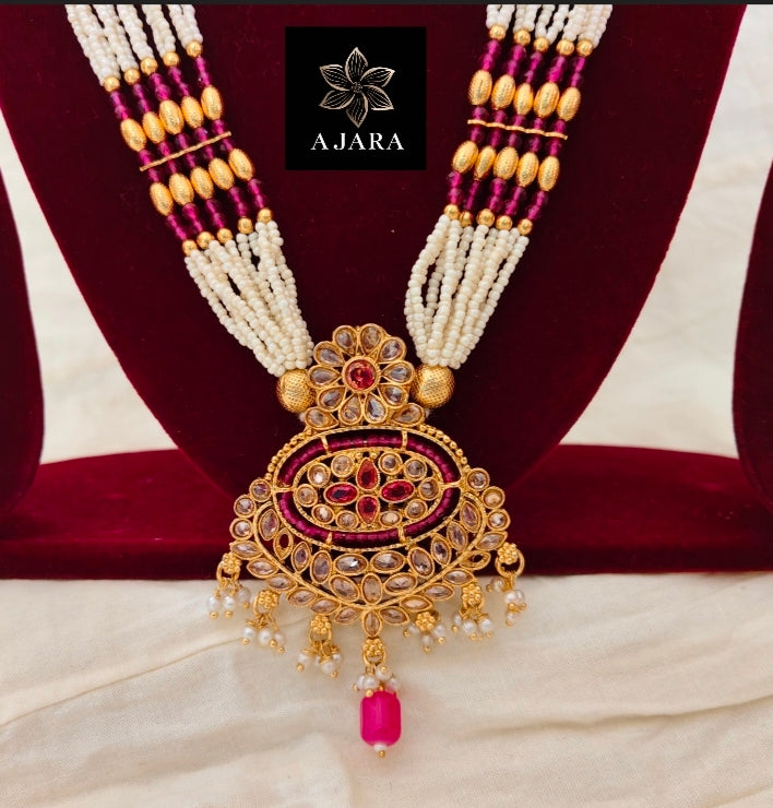 Rani White beads kundan long set