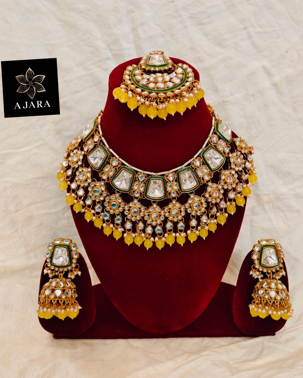 Kundan yellow beads set
