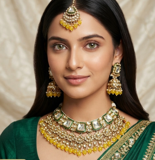 Kundan yellow beads set