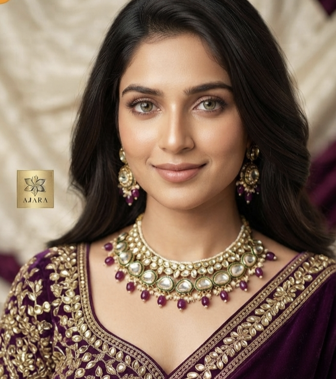 Purple colour pearl kundan set