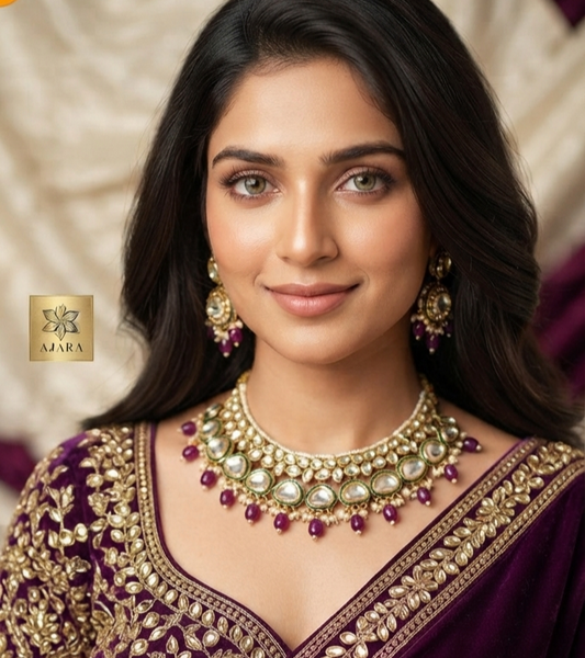 Purple colour pearl kundan set