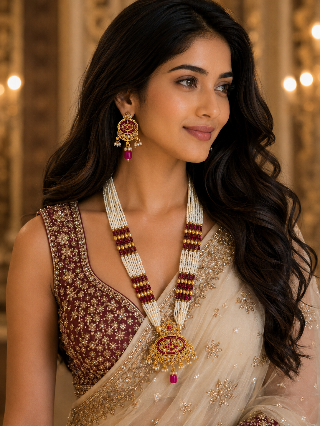 Rani White beads kundan long set